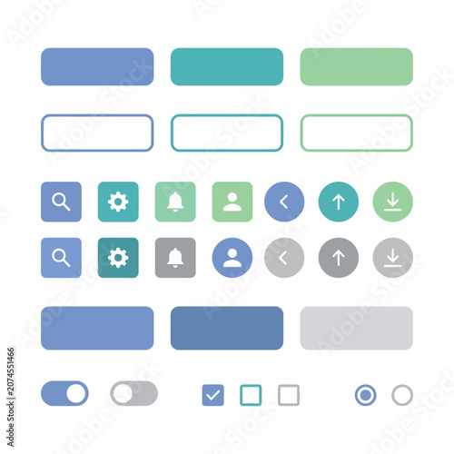 Modern UI kit vector elements, flat web buttons and icons set, blue and green interface design for mobile apps and websites