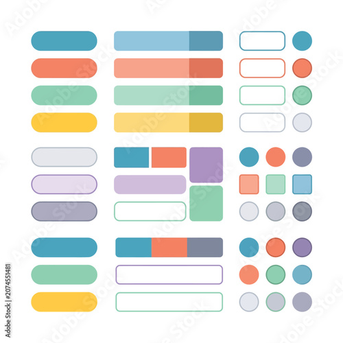 Minimalist UI button set, colorful web interface elements, flat vector navigation bars and icons for app design