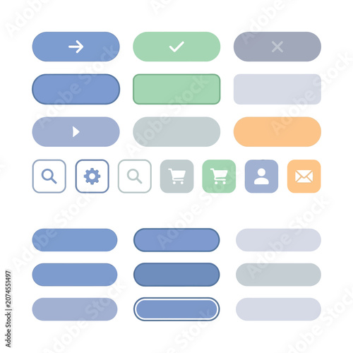 Minimalist UI button set, pastel web interface elements, modern flat app navigation icons, vector user experience kit
