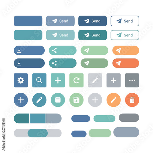 Modern UI button set with flat web icons, colorful interface elements for mobile apps, minimalist navigation kit vector