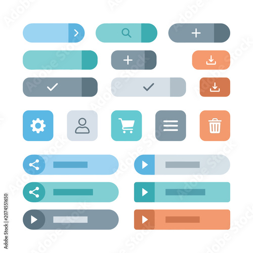 Modern UI button set with flat web icons, minimalist interface design elements, colorful navigation vector graphics