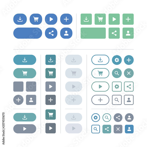 Modern UI button set, flat web interface elements, minimalist navigation icons for mobile apps and website design