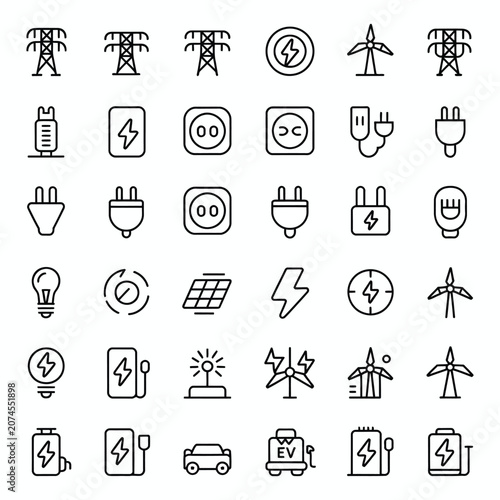 Electricity and Renewable Energy Outline Icons Set – Power Grid, Plug, EV Charger