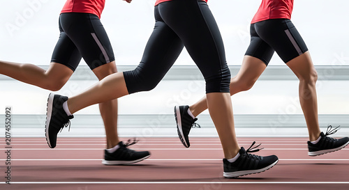 Female athletes' legs running swiftly on a red track, illustrating motion, speed, and competitive spirit.