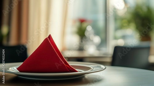 Red napkin elegantly folded on a plate on an empty table set for lunch in a bright restaurant