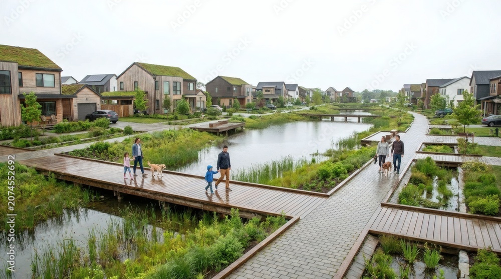 Fototapeta premium Families walking along wooden boardwalks in a sustainable modern residential eco-neighborhood with green roof houses and ponds