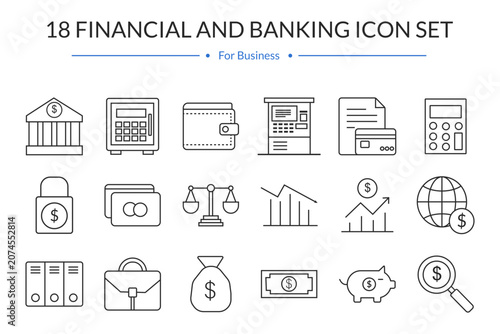 18 Financial and Banking Icons Set for Business, Digital Finance and Payment Vector Collection