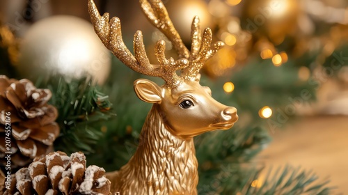 Golden reindeer figurine decorations ideal for festive home decor with pinecones and festive greenery in a seasonal setting