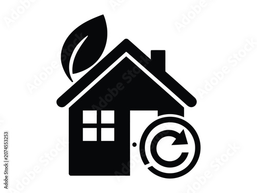 Modern icon illustrating sustainable home design, emphasizing eco-friendly practices, energy efficiency, and property renovation for a greener future