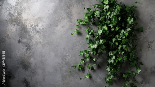 Lush Green Creeper Plant Cascading Against a Textured Gray Wall for Interior Decor Inspiration