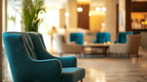 Luxury hotel lobby features warm lighting, comfy furniture. Empty lounge area with teal armchairs, beige sofas create relaxing ambiance. Modern design, subtle lighting, spacious feel. Blurred bokeh