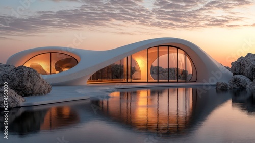 Modern architecture with an arched roof, natural rock formations, a reflective water surface, futuristic design elements, a minimalist structure, a white stone exterior, golden hour lighting