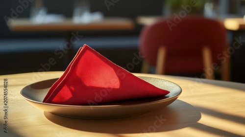 Red napkin elegantly folded on a plate on an empty table set for lunch in a bright restaurant