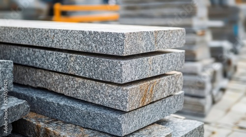 Granite slabs stacked for construction paving sidewalks and building finishes showcasing texture and durability in architectural materials