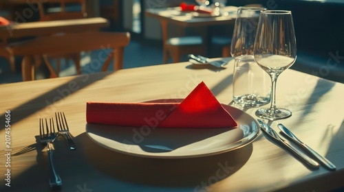 Red napkin elegantly folded on a plate on an empty table set for lunch in a bright restaurant