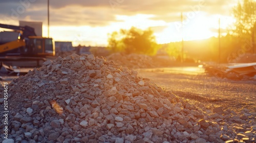 Gravel pile at sunset following a building demolition showcasing urban construction and landscape transformation