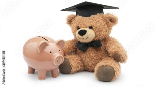 Graduation teddy bear with a piggy bank symbolizing education savings on a white background