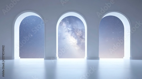 Minimalist white room with three arched doorways looking out onto a starry night sky.