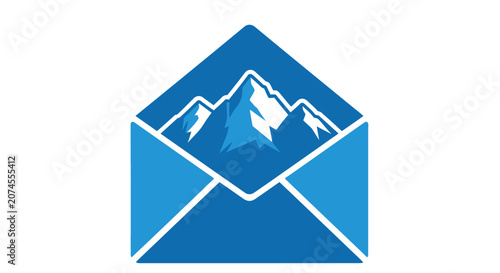 Blue envelope icon featuring white mountain landscape inside.