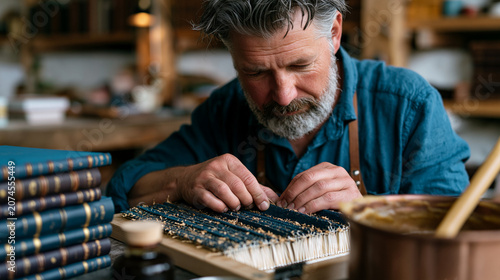 Artisan bookbinder stitches folded signatures onto a sewing frame in a heritage bindery workshop, animal-hide glue warming in a pot beside finished leather-covered volumes, depicting traditional boo