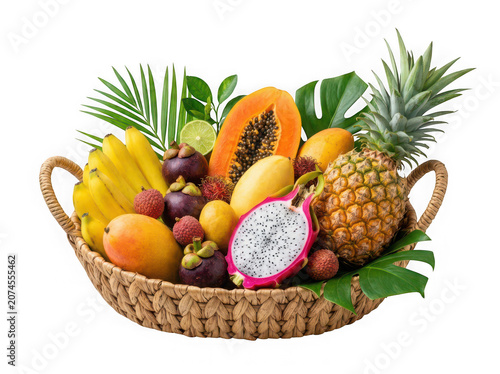 Fresh Exotic Tropical Fruit Basket with Pineapple, Dragon Fruit, Papaya, Mango, Banana and Passion Fruit Isolated PNG on Transparent Background