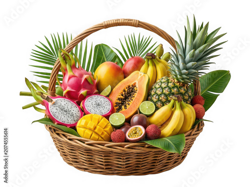 Fresh Exotic Tropical Fruit Basket with Pineapple, Dragon Fruit, Papaya, Mango, Banana and Passion Fruit Isolated PNG on Transparent Background