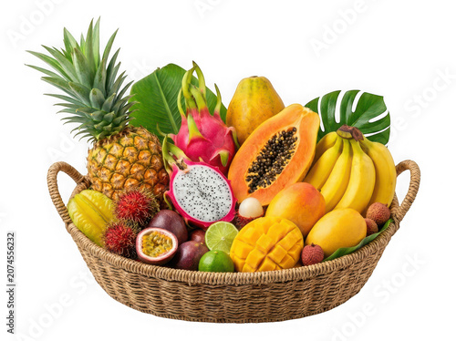 Fresh Exotic Tropical Fruit Basket with Pineapple, Dragon Fruit, Papaya, Mango, Banana and Passion Fruit Isolated PNG on Transparent Background