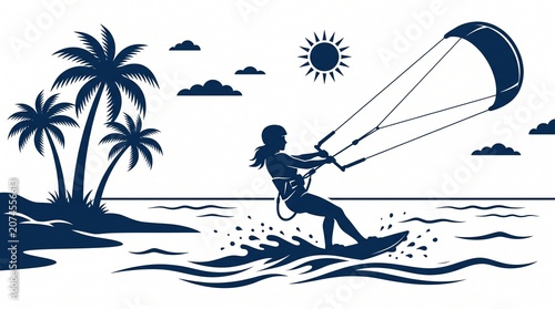 A woman kite surfs on calm ocean waters near a tropical island with palm trees under a sunny sky.