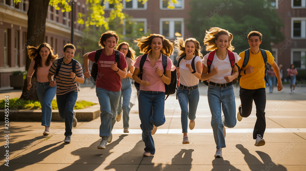 Naklejka premium Group of friends running joyfully on a sunny street