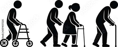 Elderly people using mobility aids walking together