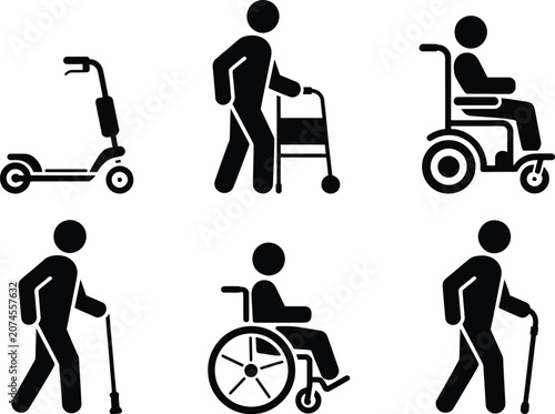 Black and white icons of people with mobility aids and devices