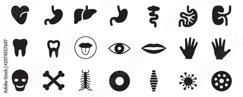 Tableau sur toile Collection of black medical and body part icons on white background for health c
