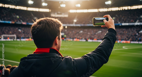 Young male fan recording live football match with smartphone in crowded stadium during sunset.