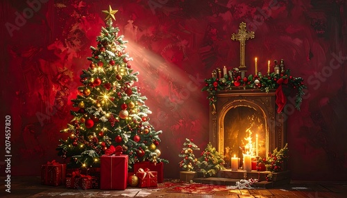 Orthodox Christmas Celebration with Radiant Warm Light, Festive Holiday Atmosphere and Elegant Seasonal Decorations on Rich Burgundy Background