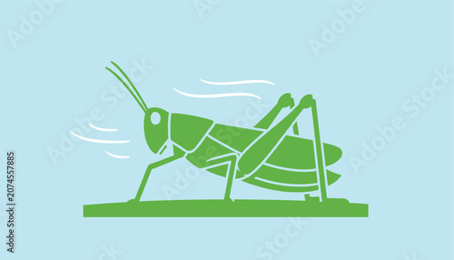 Simple green graphic illustration of a grasshopper jumping in a grassy environment against a light blue background.