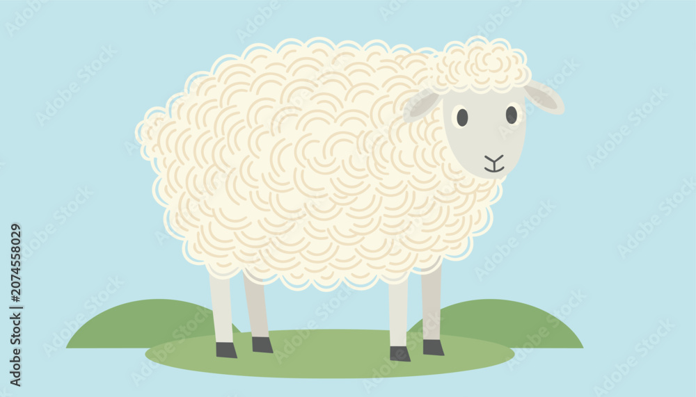 Obraz premium Simple illustration of a fluffy white sheep standing on green hills against a light blue sky background in a flat art style.