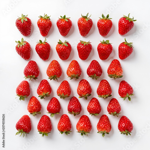 Perfect hexagonal honeycomb arrangement of identical strawberries on a pure white background, highlighting geometric symmetry in a clean commercial food photography composition.