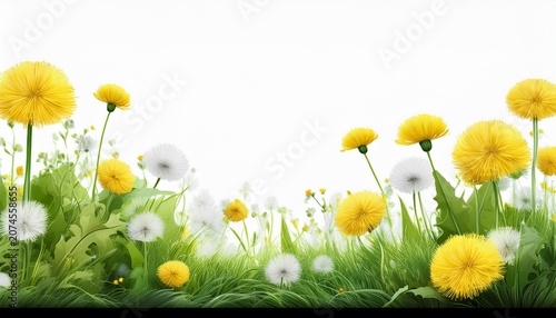 Seamless Green Meadow Border With Dandelions Isolated On Transparent Background D Render D Illustration