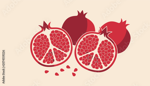 Illustration showing halved pomegranates with visible seeds alongside whole fruits, representing health, antioxidants, and nutritious superfoods.