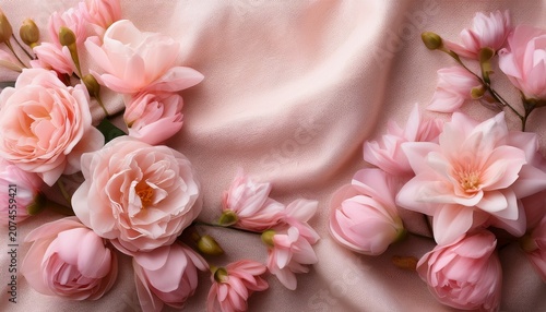On A Soft Textured Fabric A Delicate Arrangement Of Pastel Pink Flowers Is Gently Placed Forming A Serene And Elegant Composition That Is Perfect For Romantic Or Feminine Themes