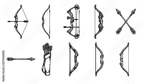 Tableau sur toile Sketch Drawing Bow and Arrow Collection with Subtle 3D Extruded Effect Black and
