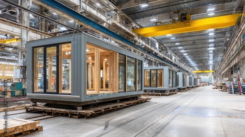 Modular housing units on an assembly line in a large factory, showcasing modern prefabrication and construction processes.