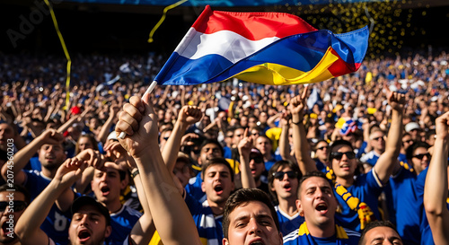 Enthusiastic sports fans cheering and waving a flag in a crowded stadium during a high energy football match celebration