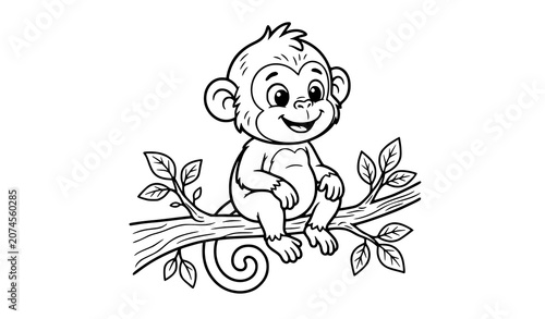 Photography Cartoon Monkey Sitting on Tree Branch Coloring Page Vector Illustration