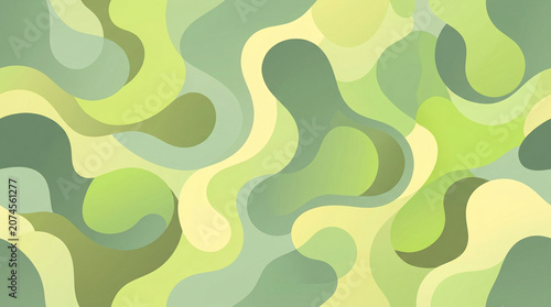 Dynamic abstract composition displaying fluid overlapping organic forms in verdant and chartreuse hues representing natural vitality harmonious growth and refreshing creative movement throughout the v