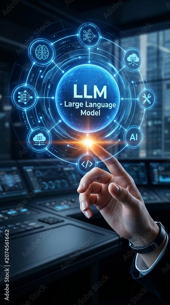 Fototapeta premium Digital globe with LLM text and AI icons around a human finger touching code, symbolizing intelligent technology and data analysis in a modern control room