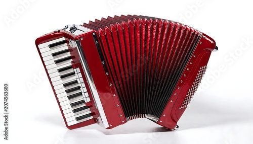 Red accordion with fully extended bellows realistic musical instrument With shadow. AI GENERATED.