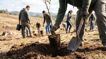 Community group of volunteers planting new tree saplings to restore a forest landscape in nature