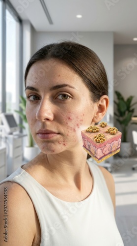 Bacterial invasion : Staphylococcus microorganism, epidermis layer, inflammation process, facial breakout, skin disease, woman suffer.