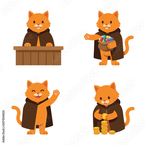 Set of cartoon orange cats dressed as medieval monks in various poses.